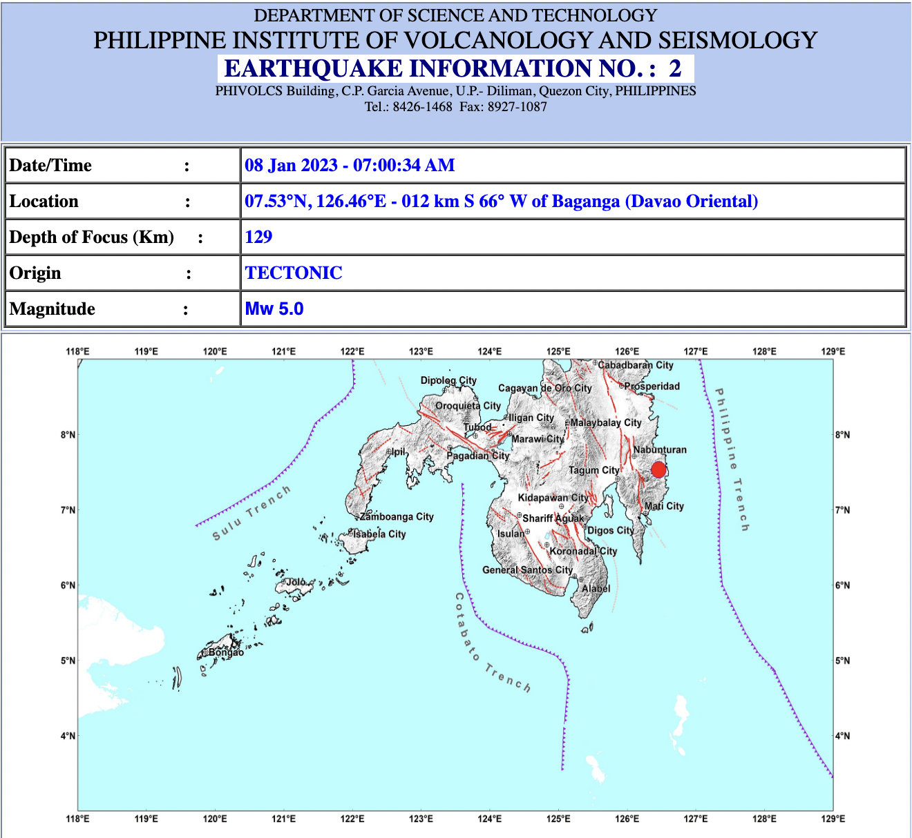 Magnitude 5.0 quake hits Davao Oriental