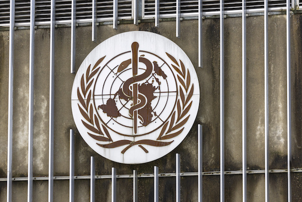 A logo is pictured at the WHO in Geneva. STORY: WHO report on Ukraine health emergency sparks US, Russia row