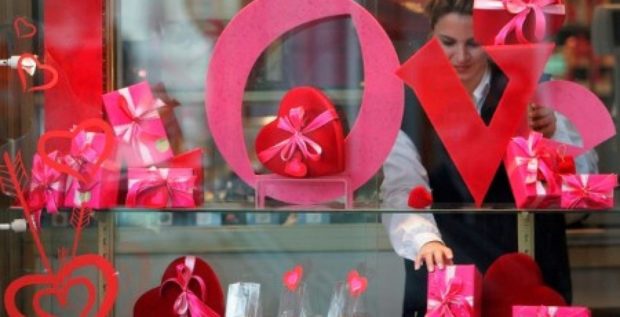 Stock photo of shop window with Valentine’s Day decor. STORY: New record as over 1,000 speed date on V-Day