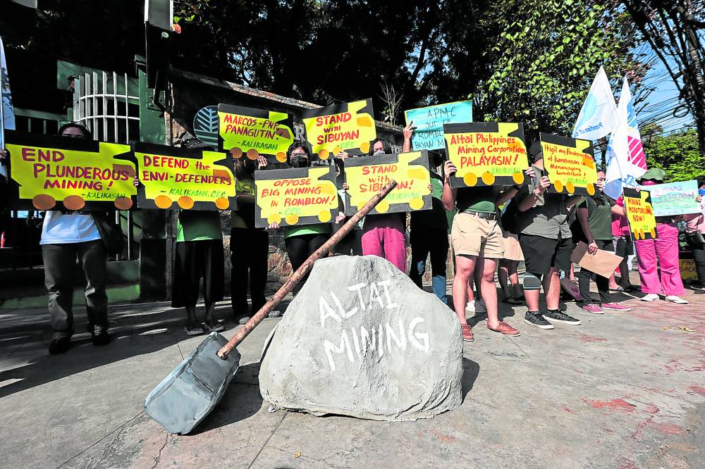 Environmental activists gather at theDepartment of Environment and Natural Resources office in Quezon City on Feb. 6 to call on the agency to stop mining operations on Sibuyan Island in Romblon