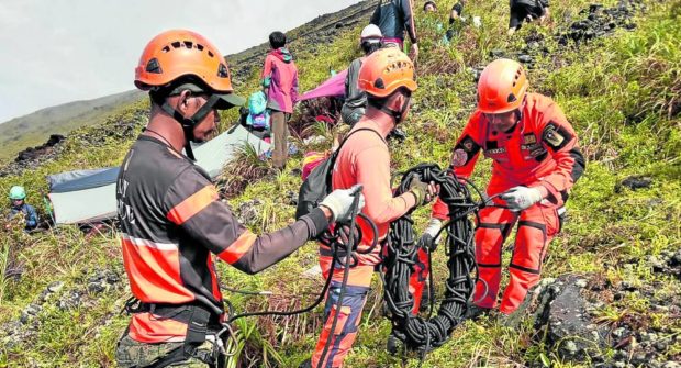 The team of responders on Saturday startinstalling anchor bolts that can hold ropes to be used in bringing down from the steep slopes of Mt. Mayon the bodies of the four persons on board the Cessna plane that crashed near the crater of the active volcano
