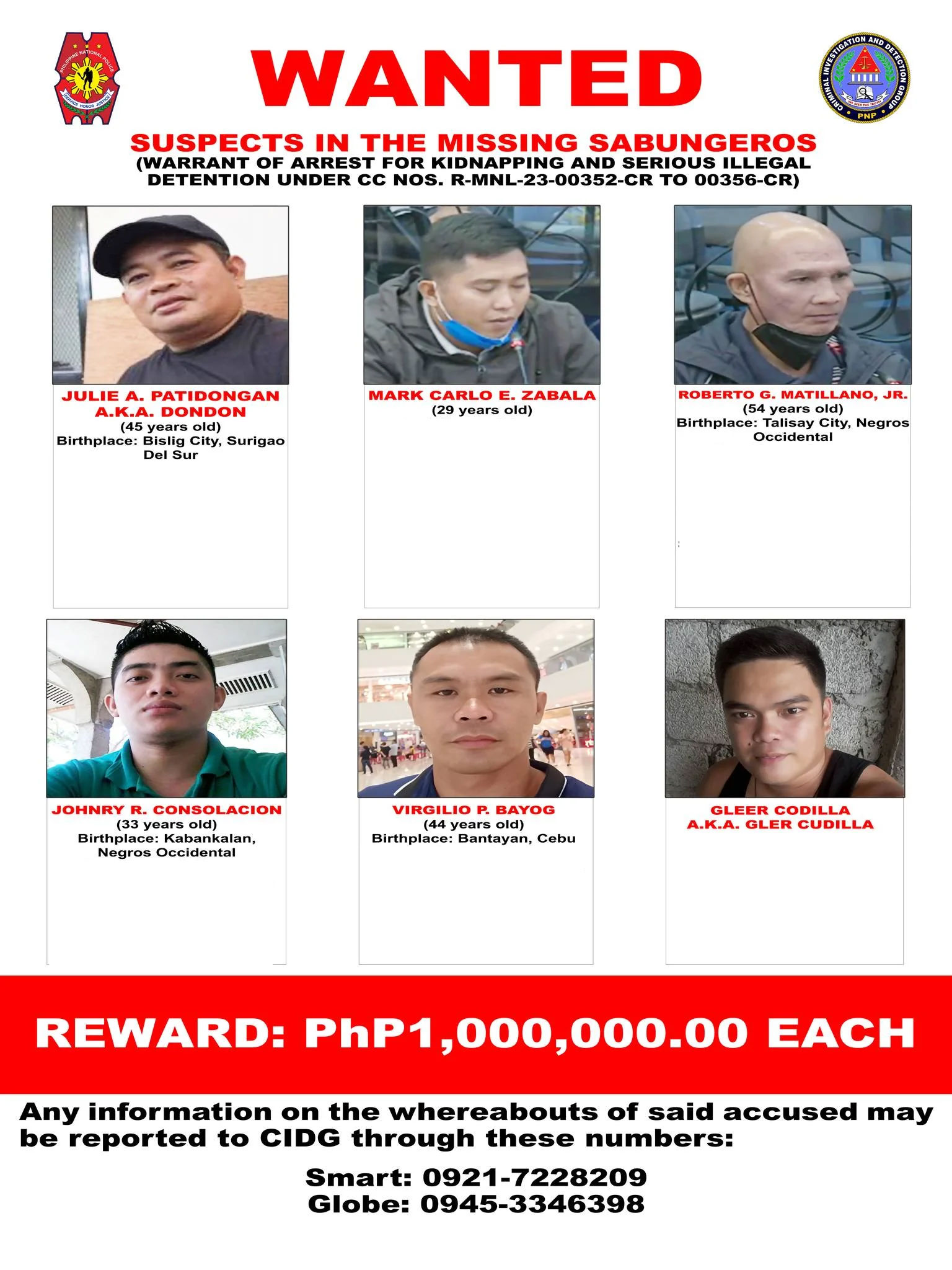 PNP releases wanted poster of 6 guards linked to missing 'sabungeros ...