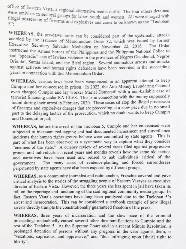 Three members of the House of Representatives' Makabayan bloc are pushing to drop all the charges against Tacloban-based journalist Frenchie Mae Cumpio and four activists, calling for an end to the "weaponization of the law to stifle press freedom."