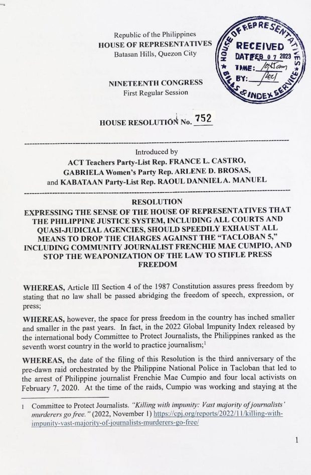 Three members of the House of Representatives' Makabayan bloc are pushing to drop all the charges against Tacloban-based journalist Frenchie Mae Cumpio and four activists, calling for an end to the "weaponization of the law to stifle press freedom."