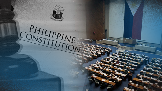 Collage of House plenary hall, gavel, and cover of the Constitution. STORY: Senate, House clash over charter change mode