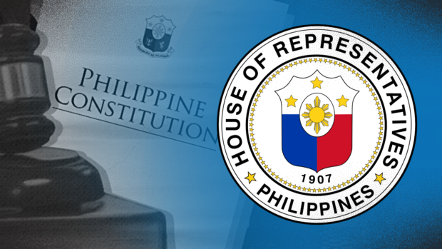 Composite photo of House of Representatives seal and cover of Philippine Constitution STORY: ‘Parliamentary courtesy’ urged in charter change word war