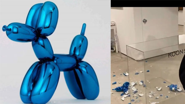 The sculpture that forms part of artist Jeff Koons’ “balloon dog” series, before and after a visitor tapped the figure.  STORY: US art fair visitor breaks Jeff Koons sculpture