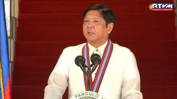 President Ferdinand Marcos Jr. addresses the alumni of the Philippine Military Academy on Saturday, February 18, 2023. Photo grabbed from Radio Television Malacañang Facebook Live