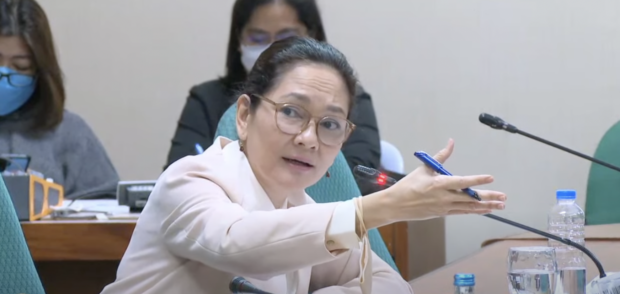 Senator Risa Hontiveros asks questions on the Maharlika Investment Fund bills during the Senate Committee on Banks, Financial Institutions and Currencies hearing on Wednesday, February 1, 2023. Screenshot from Senate of the Philippines YouTube