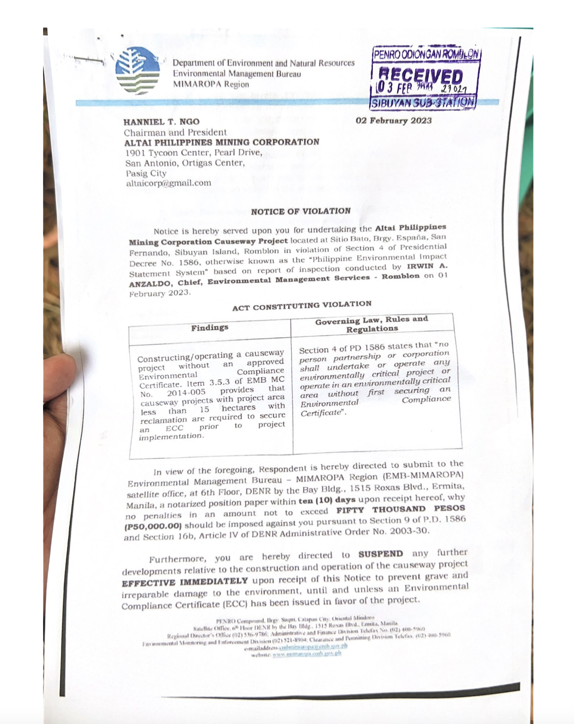 The DENR’s Notice of Violation given to the Altai Philippines Mining Corporation. Photo from Alyansa Tigil Mina.    