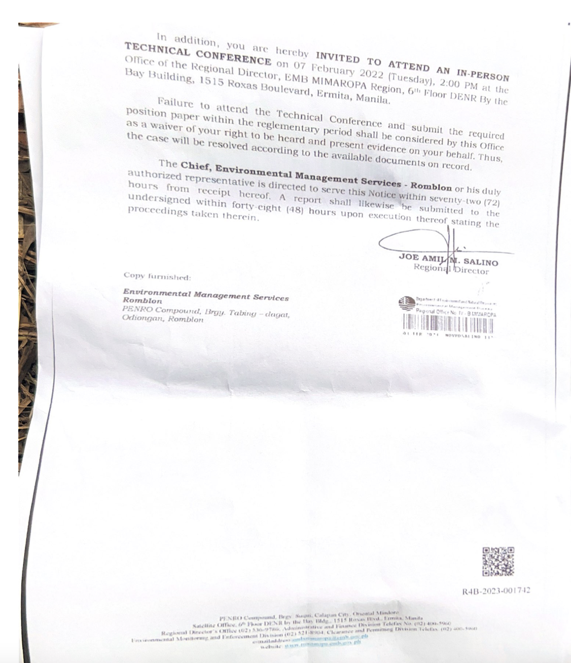 The DENR’s Notice of Violation given to the Altai Philippines Mining Corporation. Photo from Alyansa Tigil Mina.    