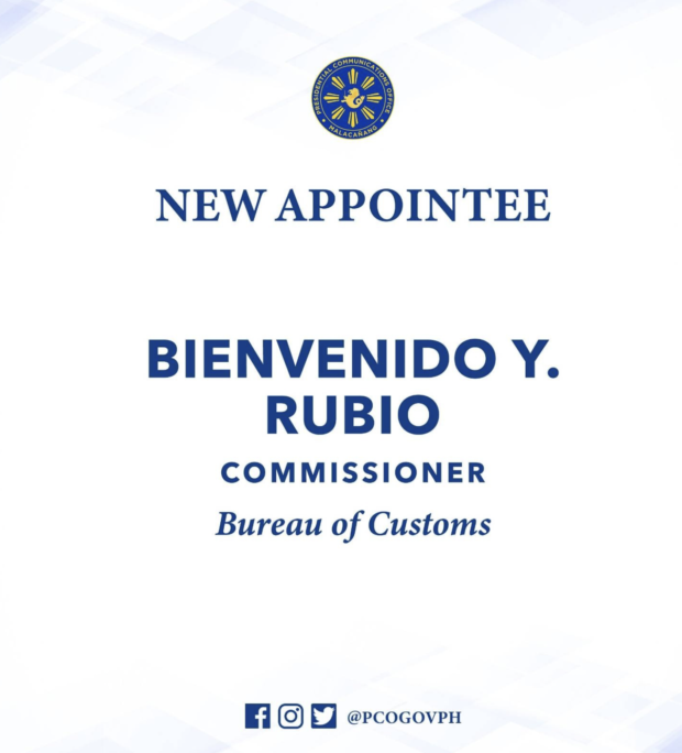 President Ferdinand “Bongbong” Marcos Jr. has named as the new head of the Bureau of Customs, Malacañang announced on Friday.