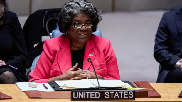 FILE PHOTO: U.S. Ambassador to the U.N. Linda Thomas-Greenfield speaks during a U.N. Security Council meeting