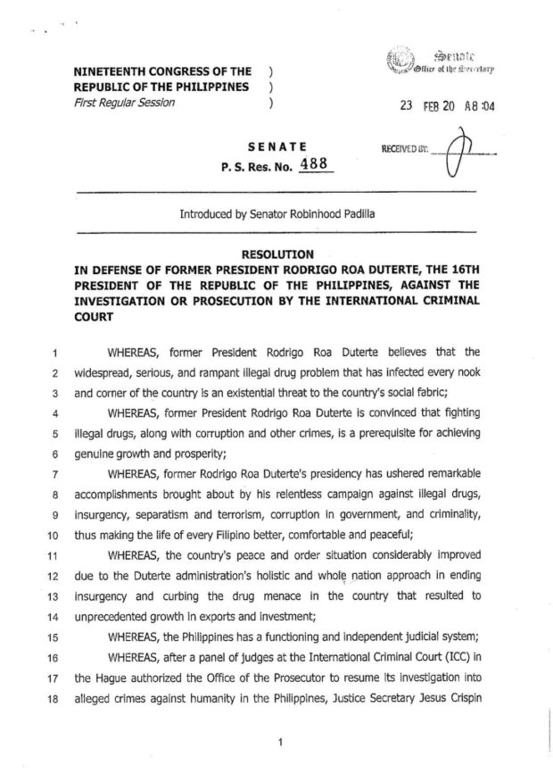 A resolution backing ex-President Rodrigo Duterte against the ICC "drug war" probe is filed at the Senate