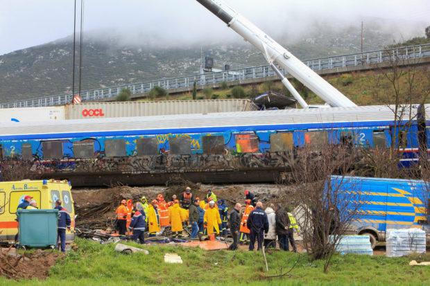 Rescuers operate at the site of a crash, where two trains collided, near the city of Larissa, Greece, March 2, 2023