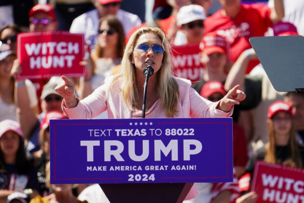 Marjorie Taylor Greene speaks during an event held for former U.S. President Donald Trump to speak to his supporters during his first campaign rally after announcing his candidacy for president in the 2024 election at an event in Waco, Texas, U.S., March 25, 2023.  REUTERS/Go Nakamura