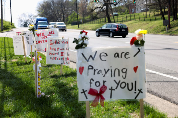 View of signs placed by children from St. Paul Christian Academy along the street in remembrance after a deadly shooting at the Covenant School in Nashville, Tennessee, U.S. March 28, 2023. REUTERS/Austin Anthony