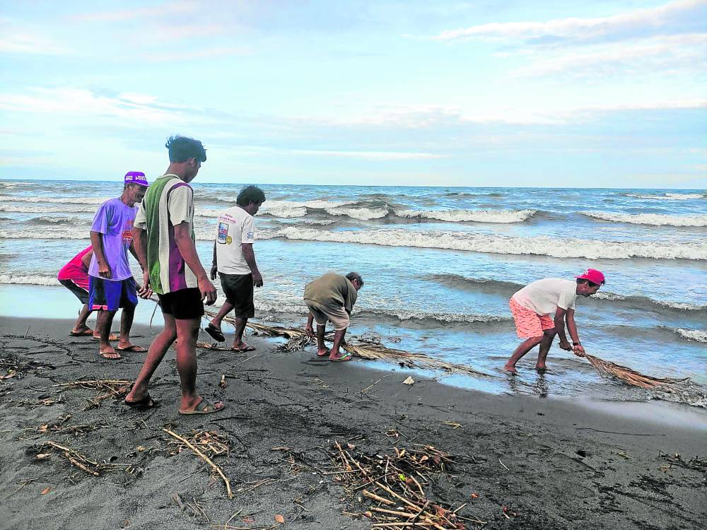 Using coconut fronds, fishermen try todirect to the shore and gather the slick at Barangay Navotas in Calapan City, Oriental Mindoro