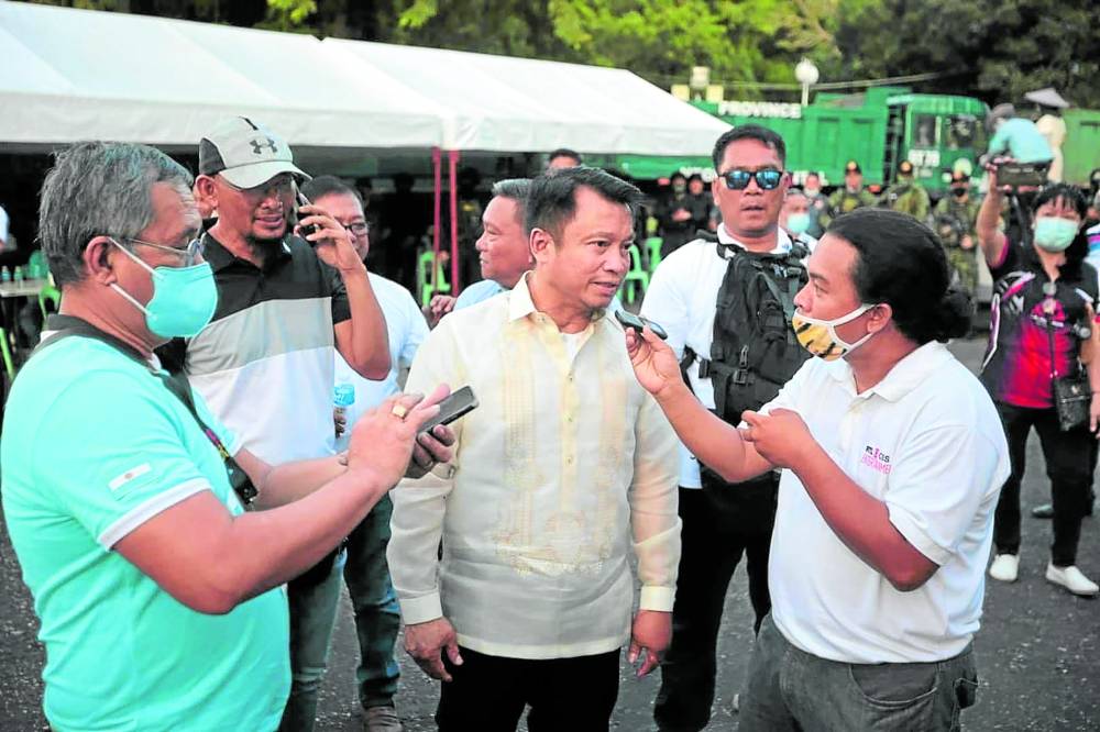 Then Negros Oriental Gov. Pryde Henry Teves speaks to reporters in October 2022, after the Commission on Elections nullified his proclamation in June that year.