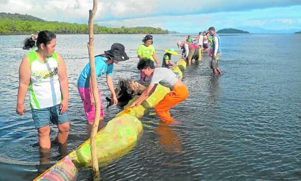 COMMUNITY IN ACTION   Policemen, fisherfolk and volunteers place improvised spill booms along the coast of Barangay Silonay in Calapan City, Oriental Mindoro, on March 25 to contain the spread of oil. —LT. GEN. RHODERICK ARMAMENTO/CONTRIBUTOR