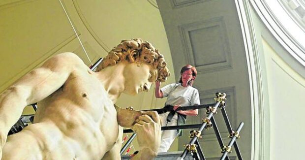This file photo taken on Sept. 15, 2003, shows one of the most famous statues in the world, Michelangelo’s, David, during its restoration at the Galleria del'Academia in Florence where the statue has been kept since 1873. STORY: Italy curator slams ‘ignorance’ in US Michelangelo row