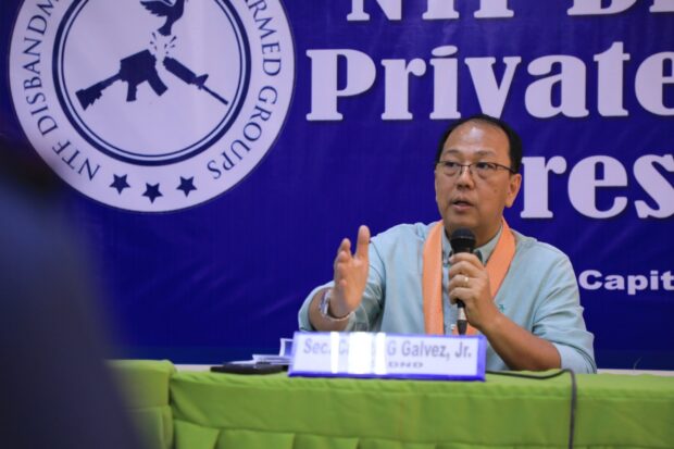 Defense chief Carlito Galvez Jr. speaking during the 11th oversight committee meeting of the National Task Force for the Disbandment of Private Armed Groups held in Cotabato in Kidapawan City. (Photo from the DND)