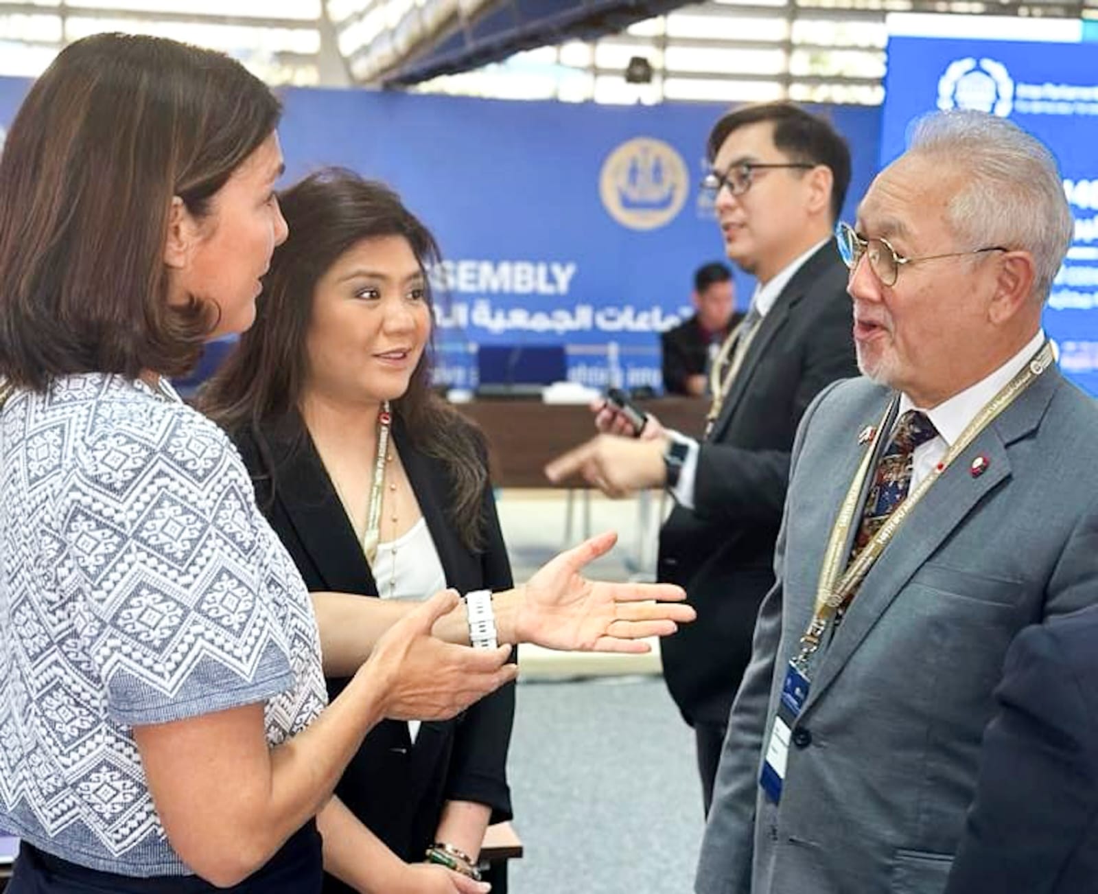 Philippine Senator Pia Cayetano and Pangasinan 3rd District Representative Rachel Arenas (first and second from left) confer with Thailand's Member of Parliament Kiat Sittheeamorn (right) at the sidelines of the 146th Inter-Parliamentary Union (IPU) assembly and related meetings being held in Manama, Bahrain. | Photo from Sen. Cayetano’s office