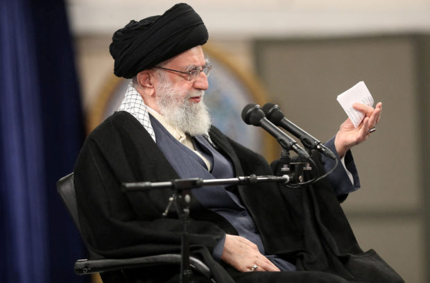 FILE PHOTO: Iran's Supreme Leader Ayatollah Ali Khamenei speaks during a meeting with members of the Air Force in Tehran, Iran February 8, 2023. 