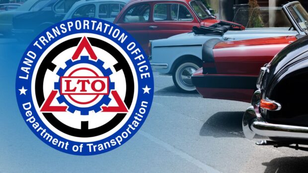 Photo of parked vintage cars with seal of Land Transportation Office superimposed. STORY: LTO okays rules for vintage cars