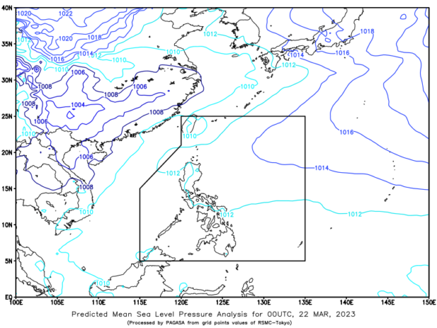 The ridge of the high-pressure area (HPA) will affect the weather in northern and central Luzon, while the easterlies will continue to bring warm weather over the rest of the country on Wednesday, according to Pagasa. (Photo courtesy of Pagasa)
