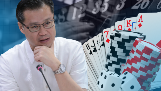 Composite photo of Sherwin Gatchalian, playing cards, casino chips, and dice. STORY: Pagcor pressed to go after POGO auditor
