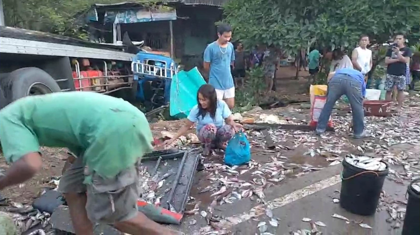 Residents of Barangay Burnay, Gitagum, Misamis Oriental gather fish that scattered on the road after the cargo truck it was loaded into bound for Cagayan de Oro City met an accident on Thursday