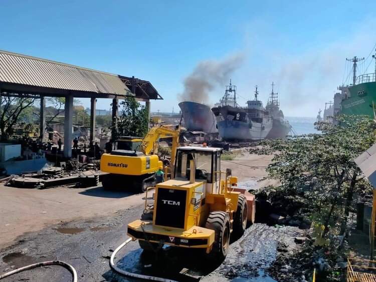 This ship that remains docked at Seafront Shipyard and Port Terminal in Mariveles town, Bataan province catches fire 