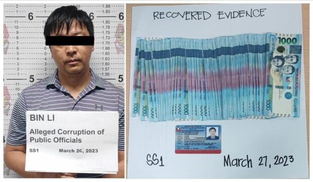 A Chinese national, identified as Bin Li, has been arrested by authorities for attempting to bribe them with P100,000. (Photo from Southern Police District)