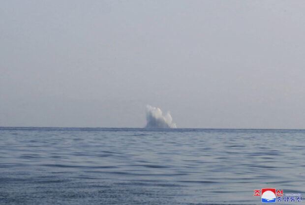 This undated picture taken between March 25, 2023 and March 27, 2023 and released from North Korea's official Korean Central News Agency (KCNA) on March 28, 2023 shows a test of the underwater nuclear strategic attack weapon system "Haeil" at an unknown location in North Korea. (Photo by KCNA VIA KNS / AFP) / South Korea OUT / ---EDITORS NOTE--- REST