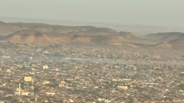 Plumes of smoke rises over the city of Omdurman, as conflict between the Paramilitary Rapid Support Forces and the army  continues, in Omdurman, Sudan April 21, 2023, in this screengrab obtained from a video by Reuters.