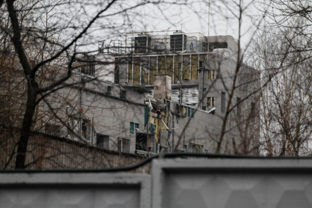 A general view shows a building damaged in the night by Russian drone strikes, amid Russia's attack on Ukraine, in Kyiv, Ukraine March 28, 2023. REUTERS/Gleb Garanich