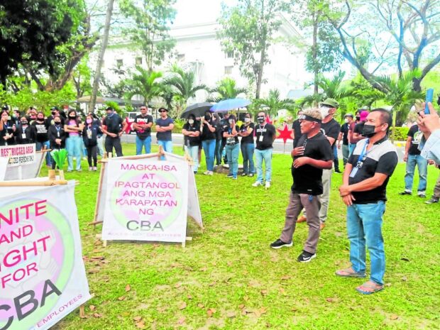 A noontime protest is being staged by workers of the state-owned Clark Development Corp. in this photo taken on Jan. 20, as they fight for the restoration of their allowances, benefits and incentives that were discontinued as a result of the new compensation system approved by then President Rodrigo Duterte just two months before he stepped down on June 30, 2022. STORY: Clark workers press DOLE chief to release benefits