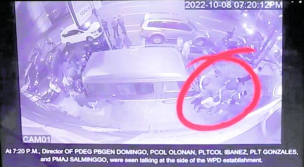 Interior Secretary Benhur Abalos cited this security camera footage in questioning official reports about an October 2022 raid in Manila that led to the discovery of 990 kilos of crystal meth (“shabu”). The encircled figures are those of police officers whom he wanted investigated as he suspected a cover-up. STORY: Search on for missing ‘shabu’ in P6.7-billion drug haul