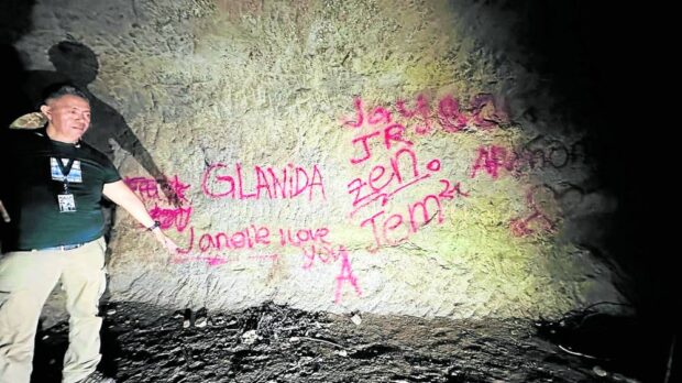 Some visitors scrawl their names on the walls of Tunnel 2, desecrating an important spot during World War II in Bamban, Tarlac. Tunnel 2 is part of a network of tunnels that the Japanese carved on the hills of Bamban as the Americans retook the Philippines through fierce battles there in 1945. STORY: Protection of wartime tunnels in Tarlac sought