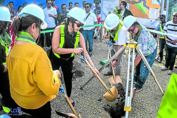 Energy Undersecretary Sharon Garin (second from left), joins local officials and officers of Taft Solar Energy during the groundbreaking of the P250-million solar farm project in Taft, Eastern Samar on April 21, 2023. STORY: Solar farm tapped for cheaper electricity in Eastern Samar