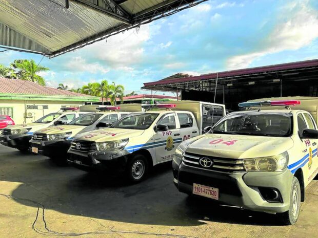 Four patrol cars issued by the city government of Tagum to the local police are seen parked at the city motor pool on Friday after Mayor Rey Uy withdrew the city’s support for the police over the sudden relief of Lt. Col. Edgardo Bernardo. STORY: Davao del Norte city withdraws police support