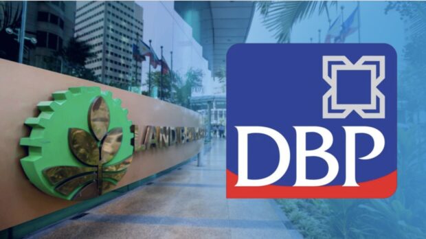 Photo of Landbank sign with DBP logo superimposed. STORY: Bill on Landbank-DBP merger out, but no word on retrenchment