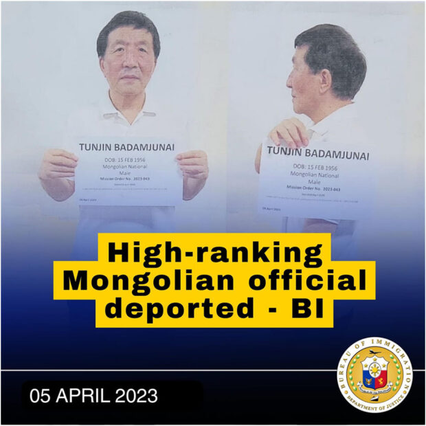 The Bureau of Immigration (BI) on Wednesday said it has deported an undocumented ranking government official in Mongolia "who is wanted in his home country for corruption offenses."
