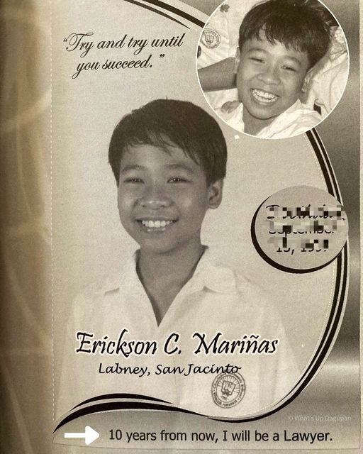 In his high school graduation yearbook, Erickson Mariñas was already aspiring to become a lawyer. 
