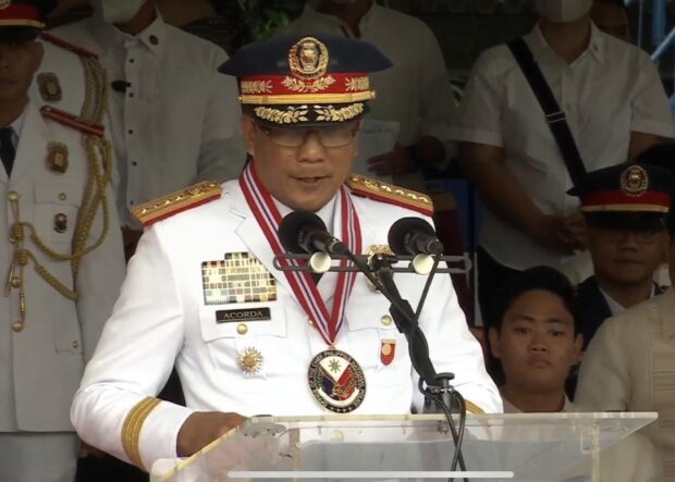 Newly appointed PNP chief Maj. Gen. Benjamin Acorda Jr. delivering his speech during the change of command ceremony held in Camp Crame in Quezon City on April 24, 2023. (Photo courtesy of RTVM)