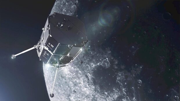 Courtesy of ispace Inc.An artist’s rendering shows ispace Inc.’s lunar lander flying in space.