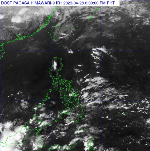 Cloud clusters still continue to form over waters east of Visayas and Mindanao, causing rains in the area according to Pagasa on April 28. (Satellite image from Pagasa)