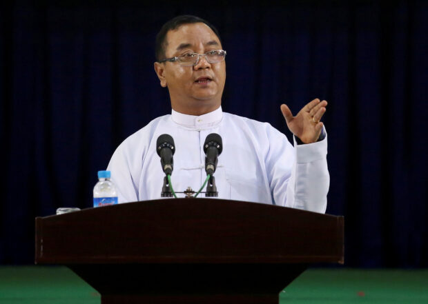 Myanmar's military junta spokesman Zaw Min Tun speaks during the information ministry's press conference in Naypyitaw