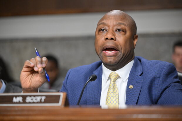 US Senator Tim Scott (R-SC) speaks during the Senate Banking, Housing, and Urban Affairs Committee hearing on the failures of Silicon Valley Bank and Signature Bank, on Capitol Hill in Washington, DC, on May 16, 2023. US Senator Tim Scott is running to become the first Black Republican president, papers filed with the Federal Election Commission showed on May 19, 2023. (Photo by Mandel NGAN / AFP)